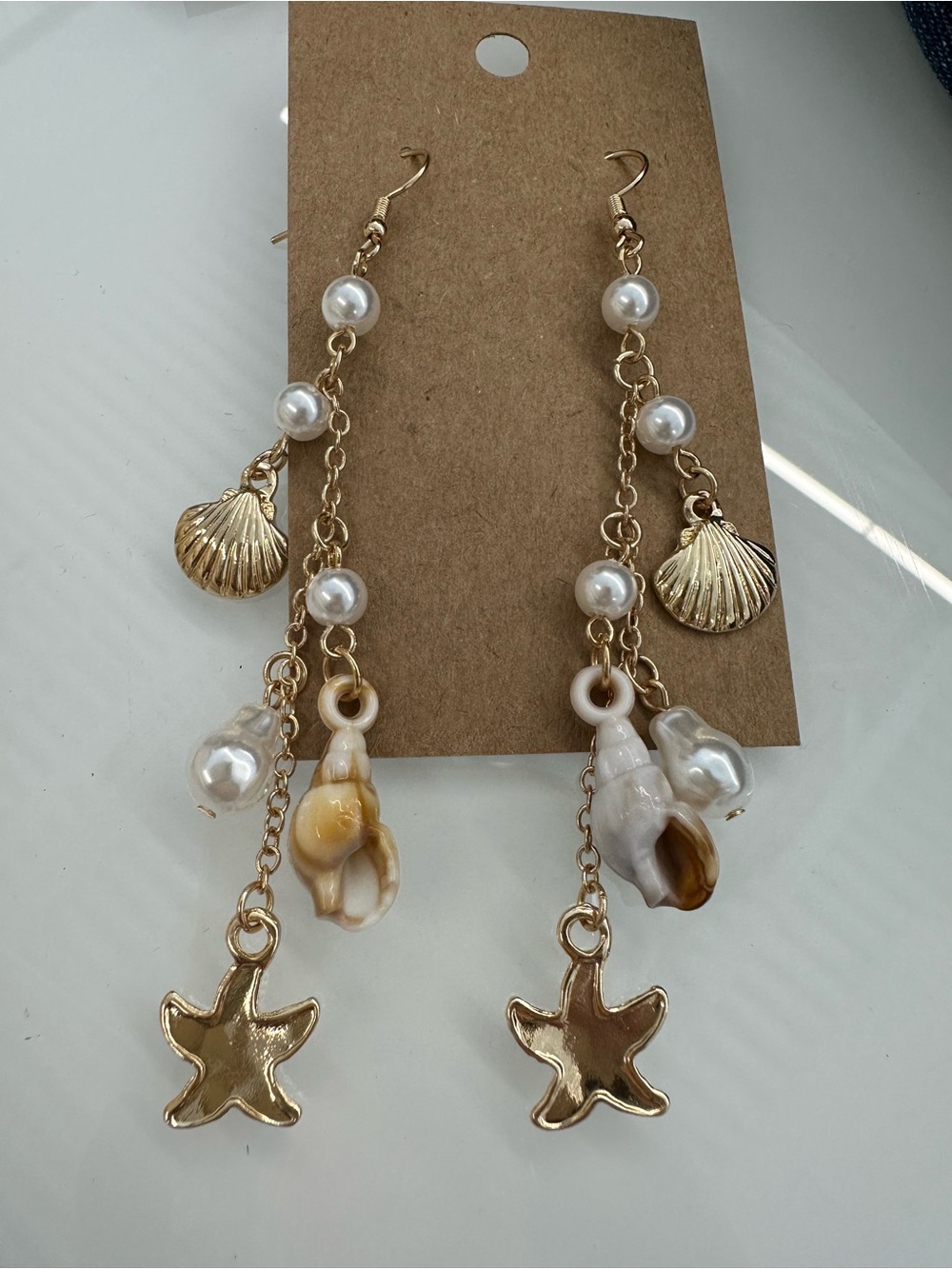 Gold Pearl & Shell Drop Earrings - Beach Starfish Design